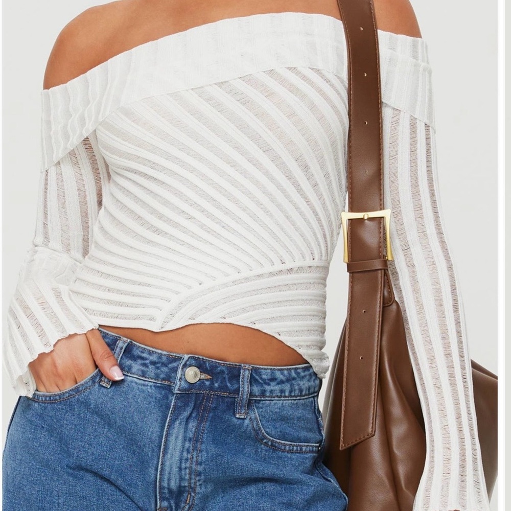 Princess Polly White Ribbed Off-Shoulder Wrap Sweater